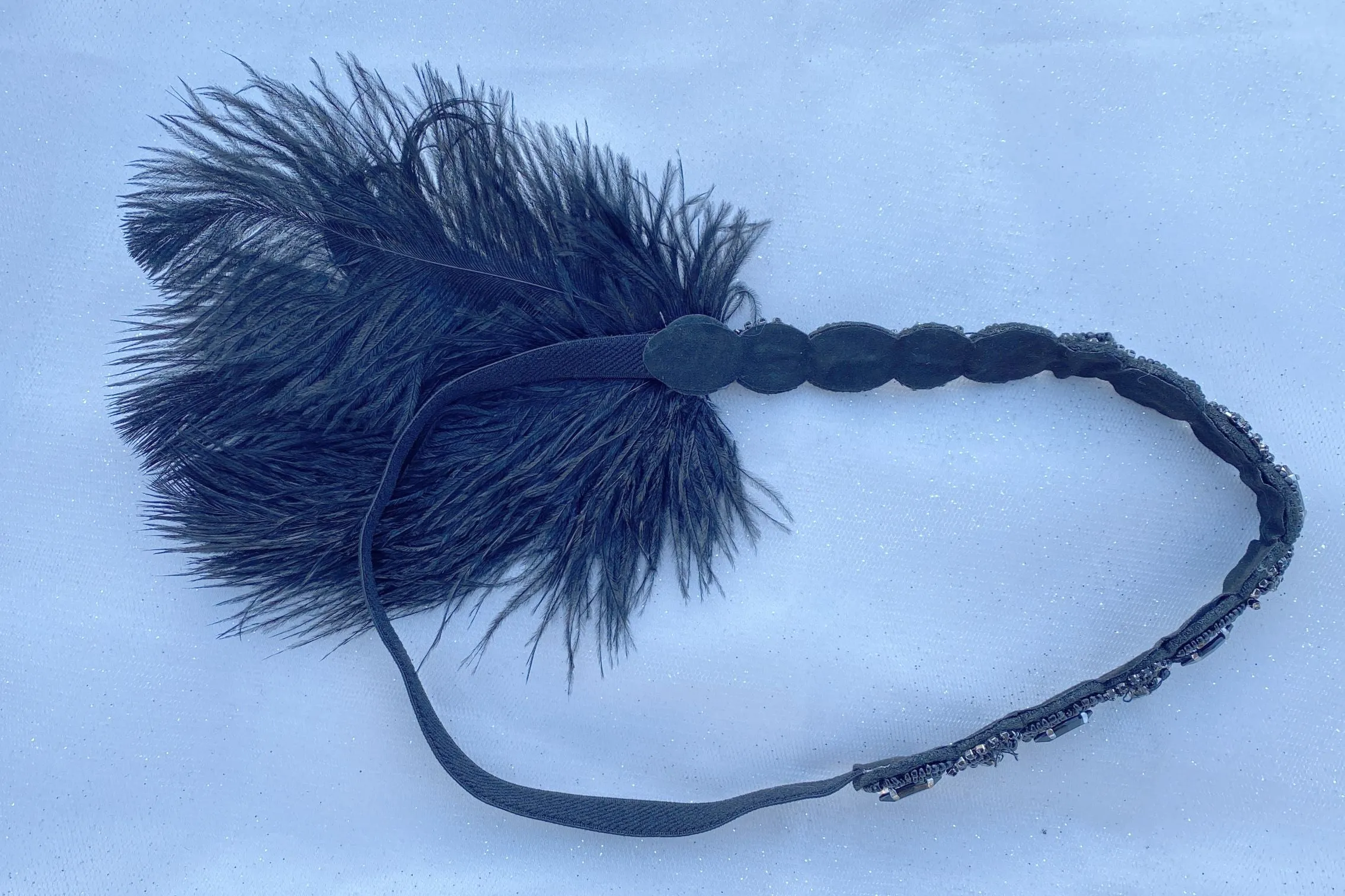 1920s Headpiece in Black with Peacock Feathers and Beading