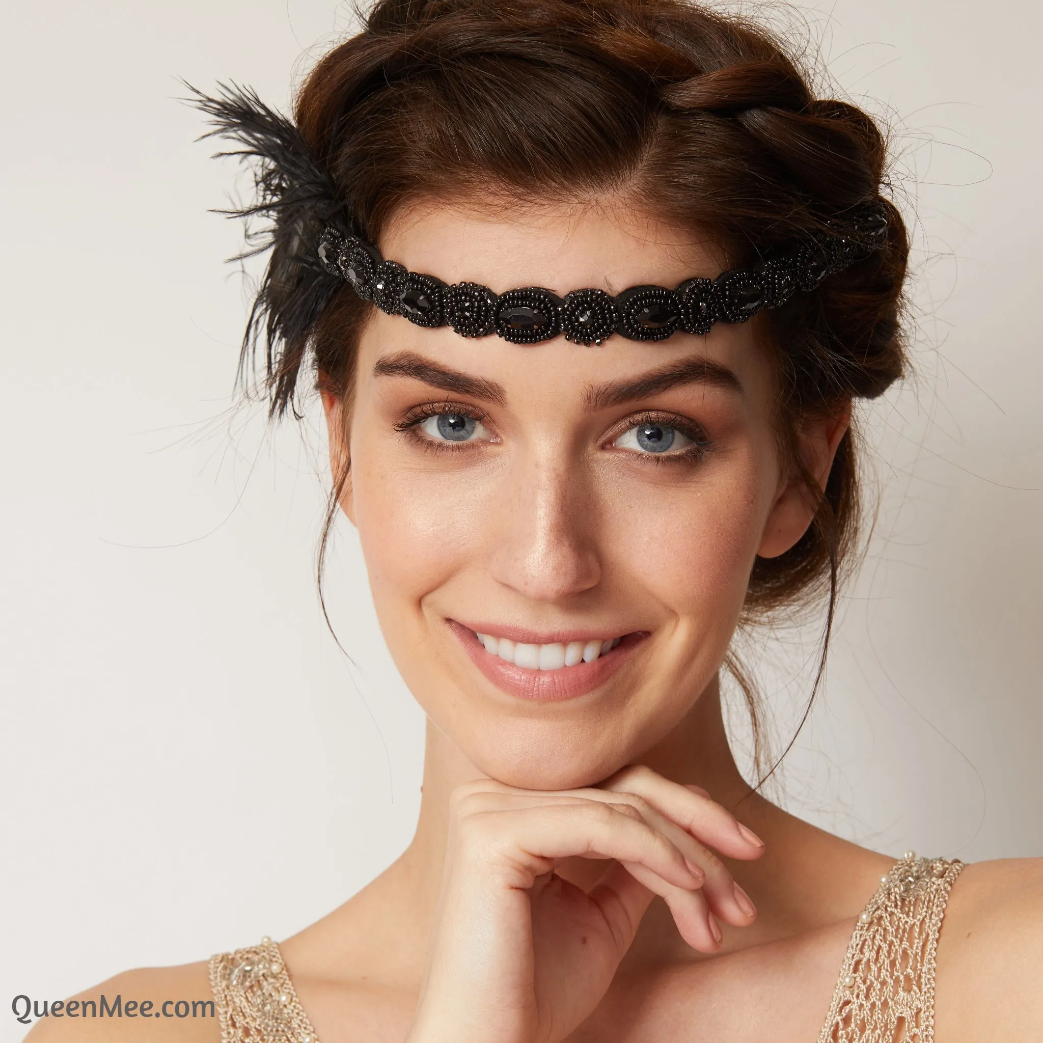1920s Headpiece in Black with Peacock Feathers and Beading