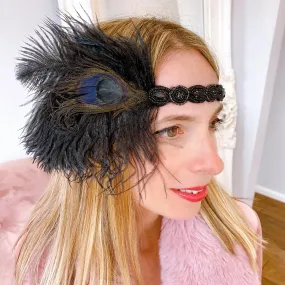 1920s Headpiece in Black with Peacock Feathers and Beading