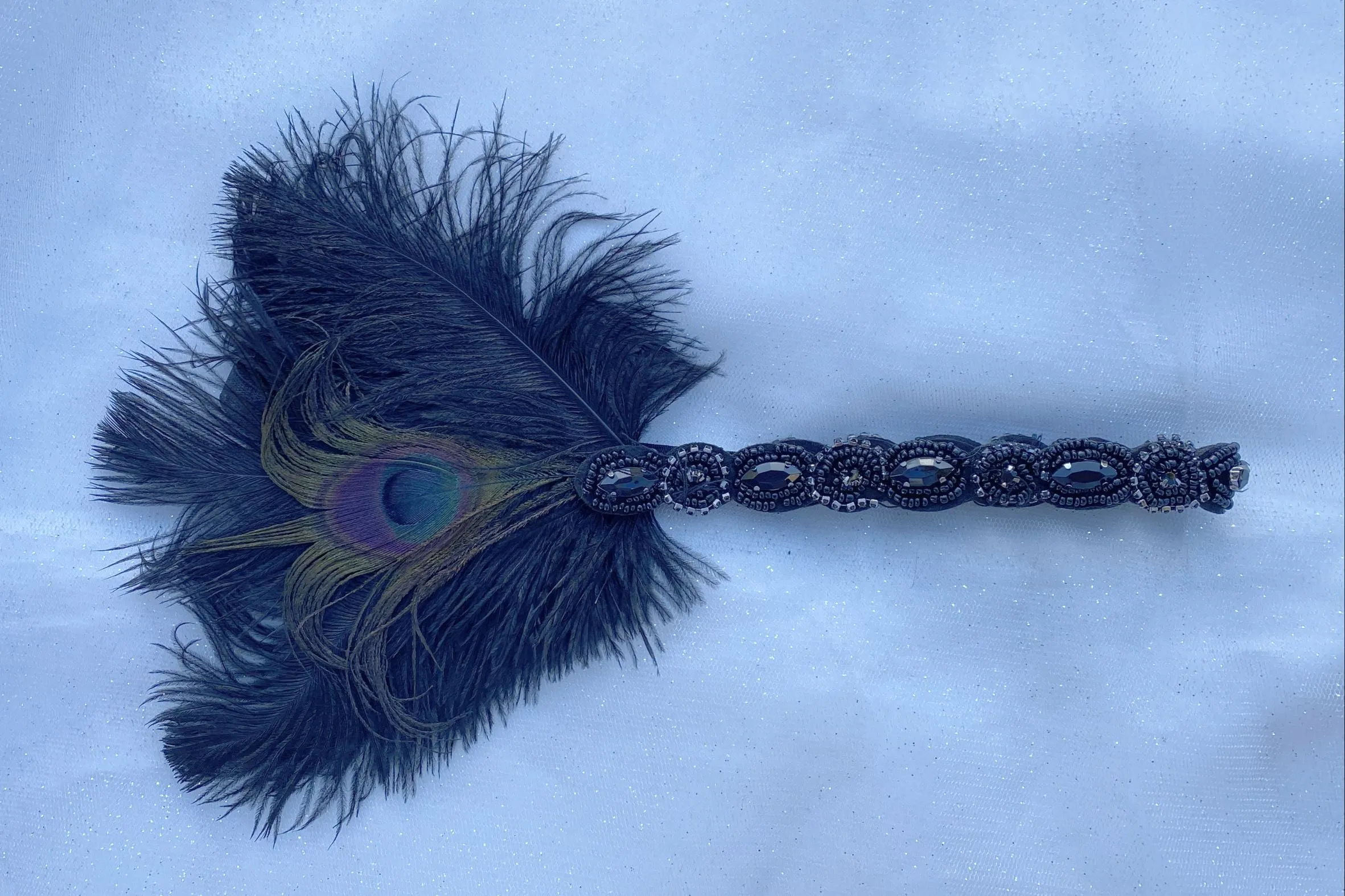 1920s Headpiece in Black with Peacock Feathers and Beading