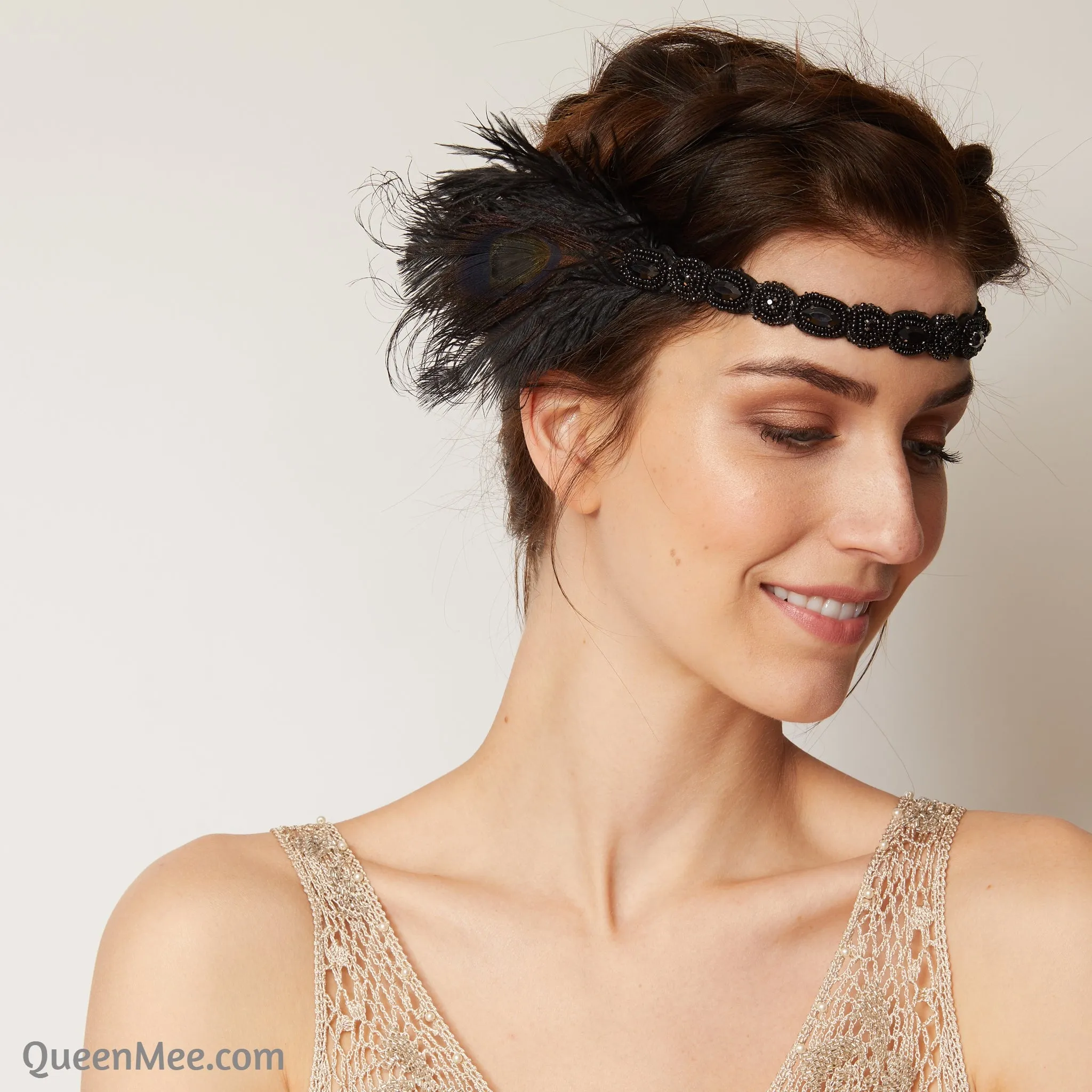 1920s Headpiece in Black with Peacock Feathers and Beading
