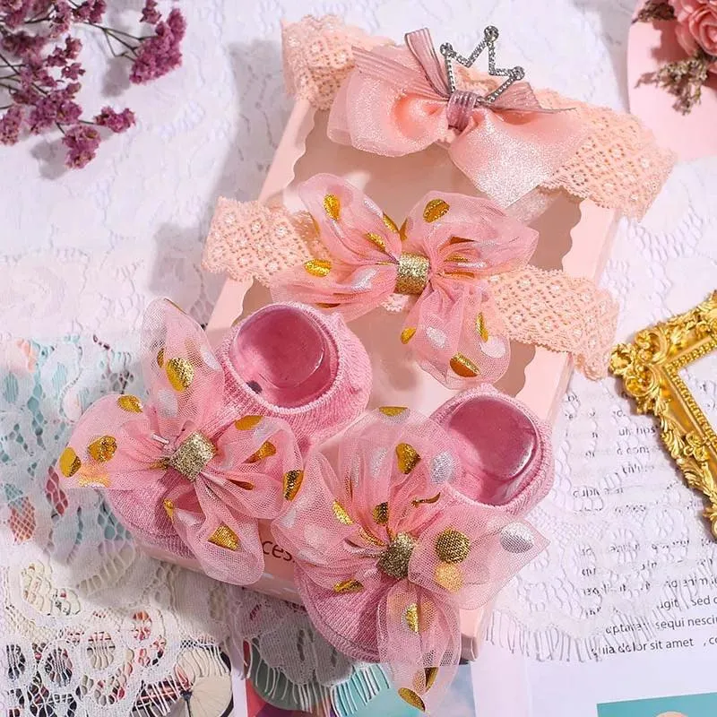 Adorable Polka Dot Bowknot Headband and Lace Flower Socks Ensemble for Stylish Little Ones
