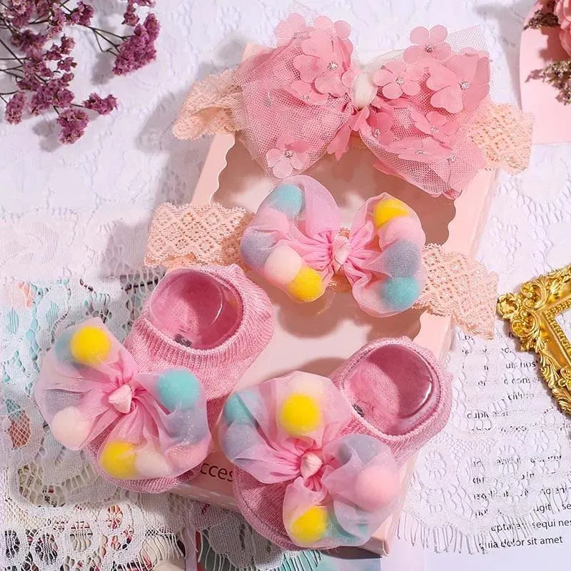 Adorable Polka Dot Bowknot Headband and Lace Flower Socks Ensemble for Stylish Little Ones