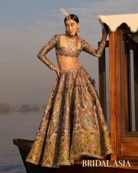 Antique Gold And Lime Yellow Appliquéd Lehenga Set
