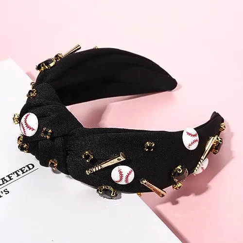 Baseball Knotted Headband for Women Sparkle Crystal Baseball Charm Headband Game Day Top Knot Hairband Baseball Mom Accessories Gift for Sports Fans