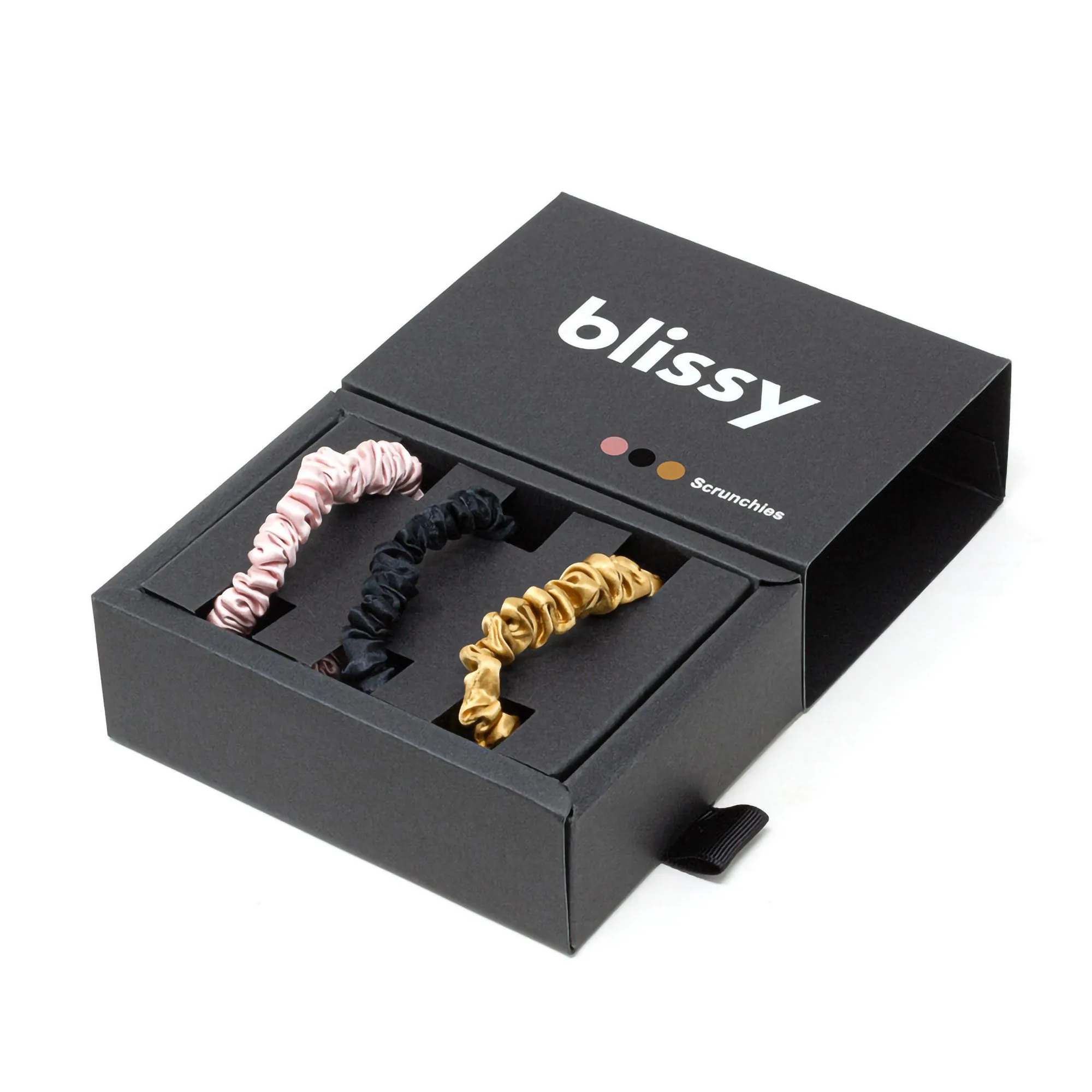 Blissy Silk Scrunchie 3Pk: Skinny Black Gold Pink