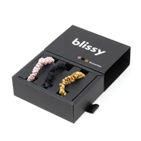 Blissy Silk Scrunchie 3Pk: Skinny Black Gold Pink