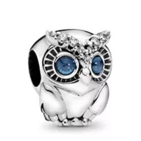 Blue Eyed Owl Charm - 925 Sterling Silver