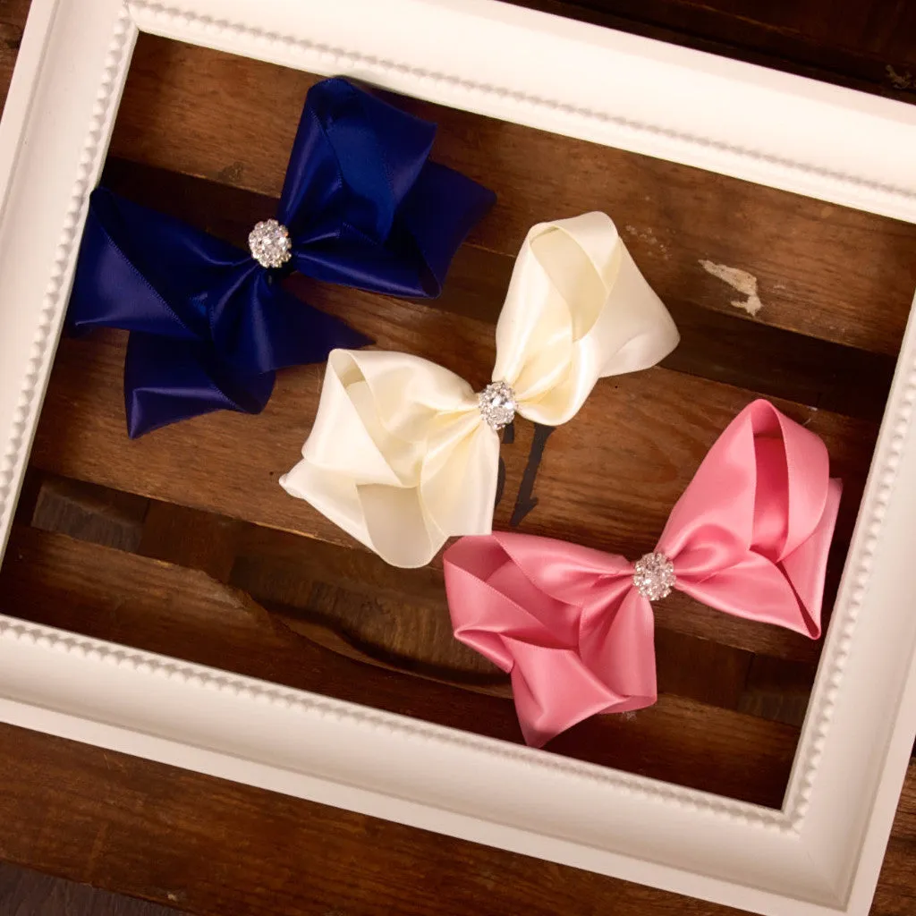 Girls Luxurious Satin Hair Bow with Sparkly Diamante Crystal Centre