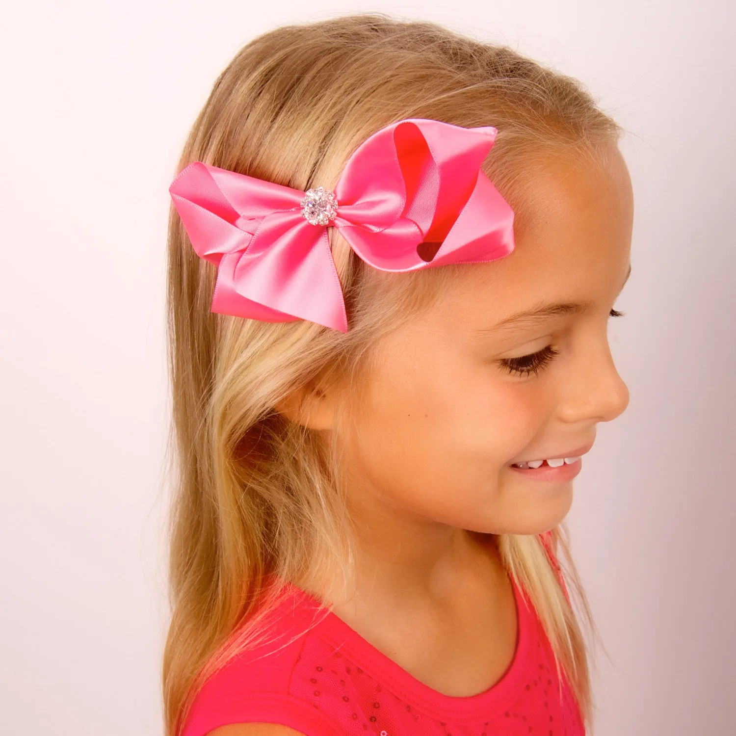 Girls Luxurious Satin Hair Bow with Sparkly Diamante Crystal Centre