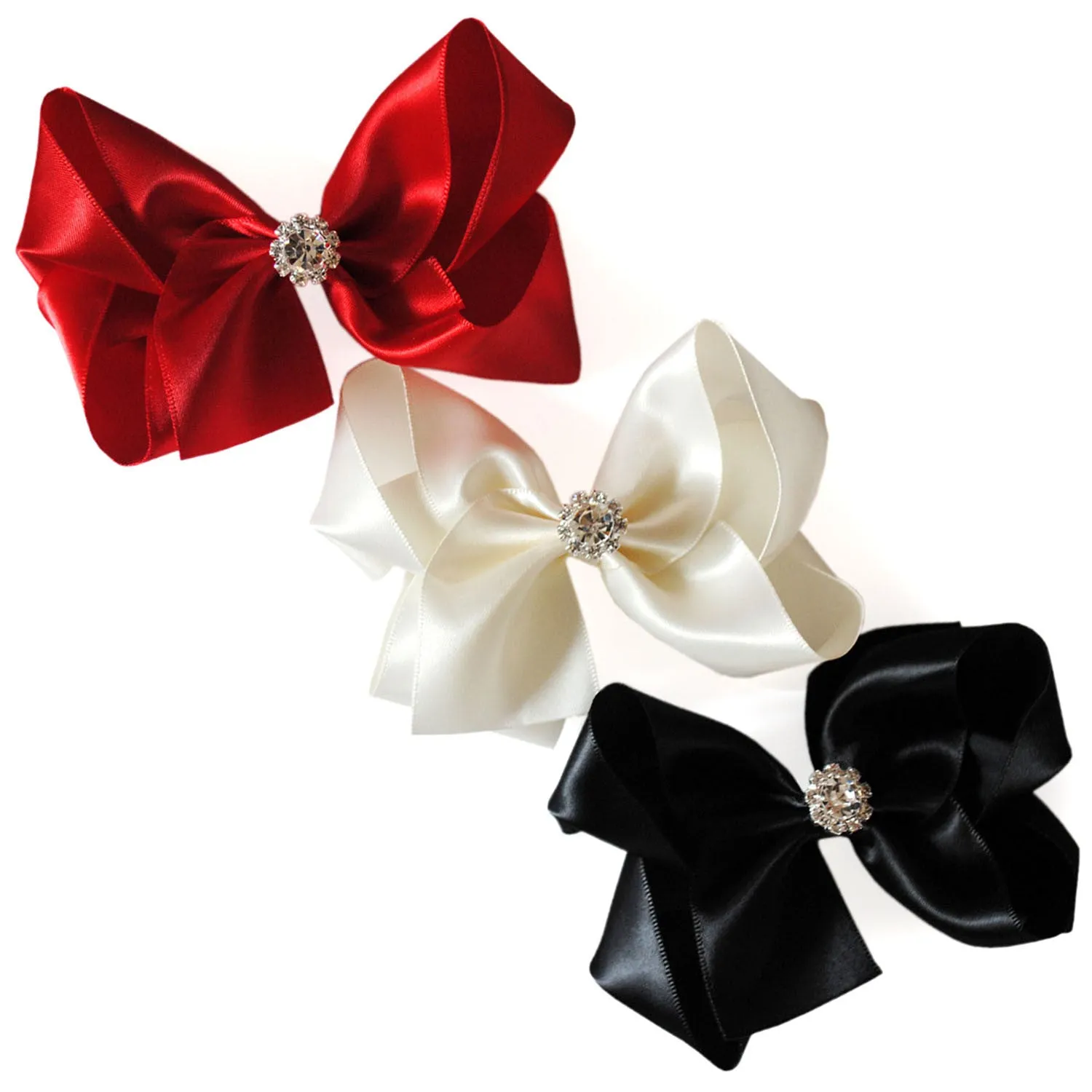 Girls Luxurious Satin Hair Bow with Sparkly Diamante Crystal Centre