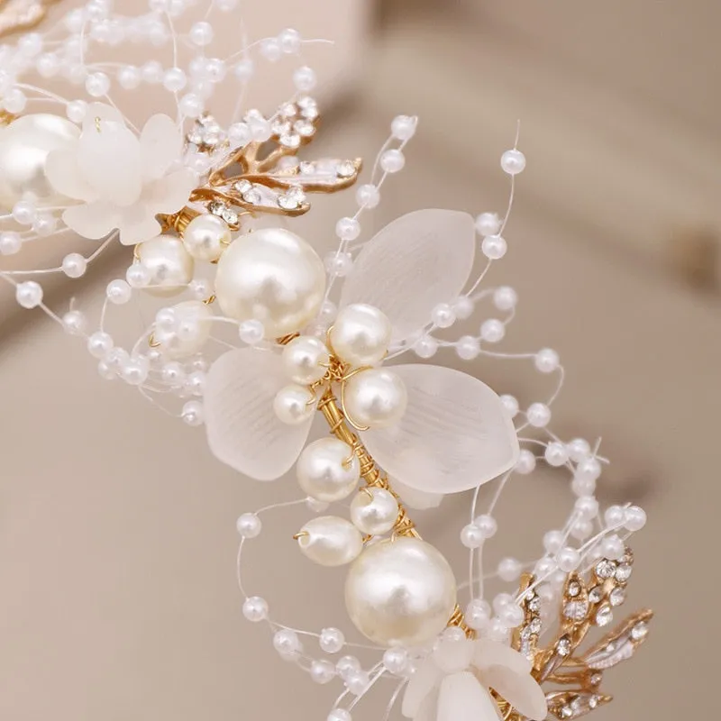 Luxurious Gold Simulated Pearl and Rhinestone Bridal Hair Band-Tiara