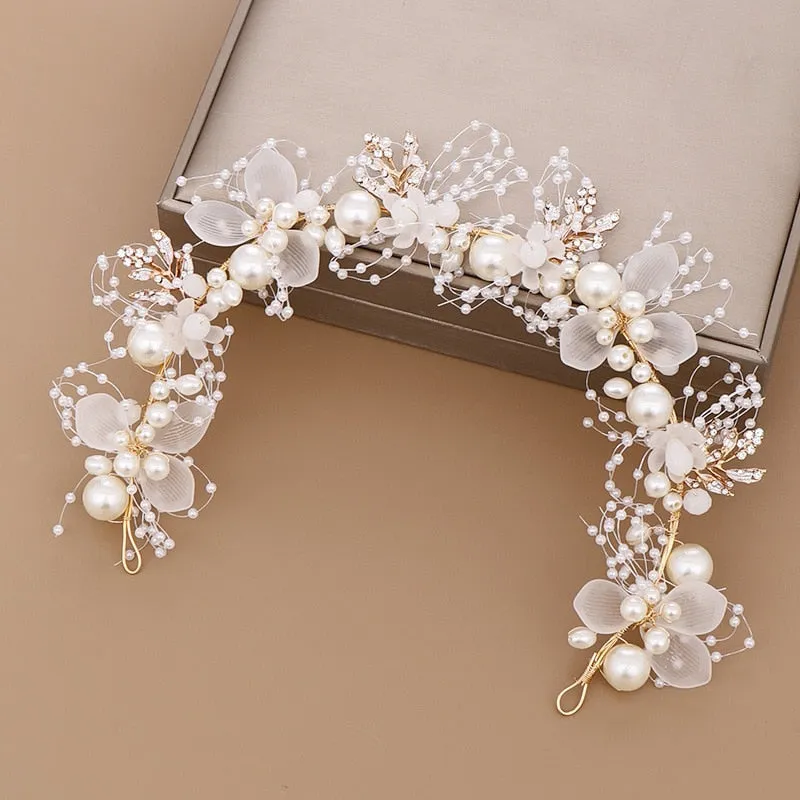 Luxurious Gold Simulated Pearl and Rhinestone Bridal Hair Band-Tiara