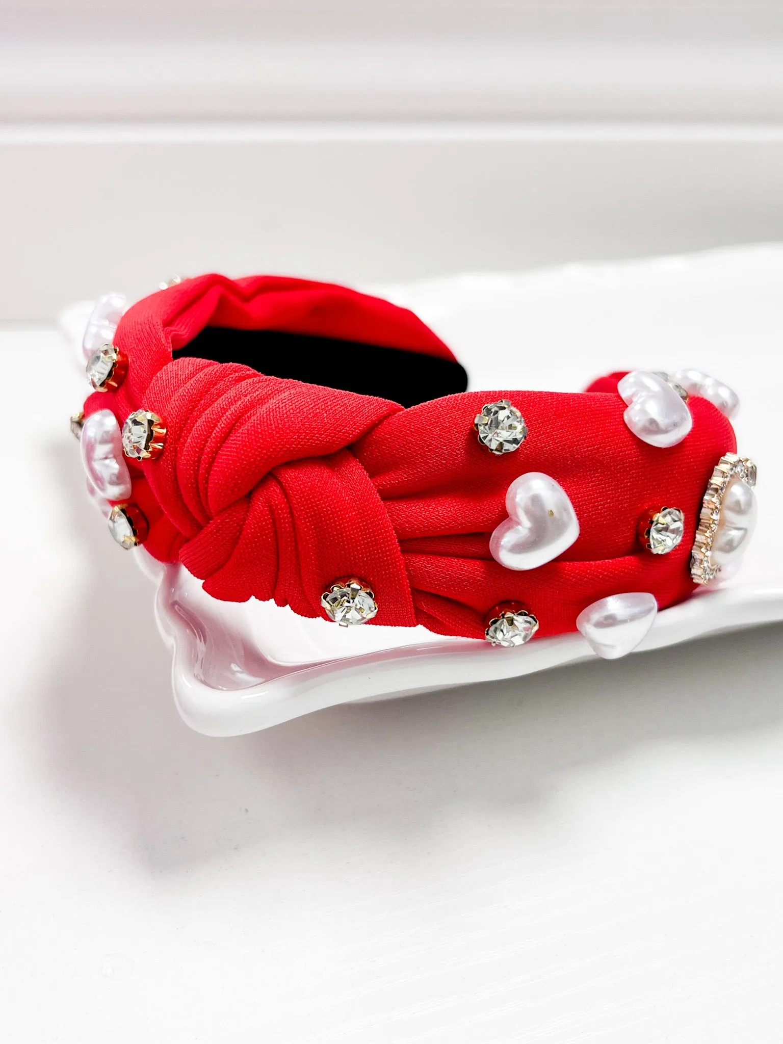 Pearl Heart Headband - Red