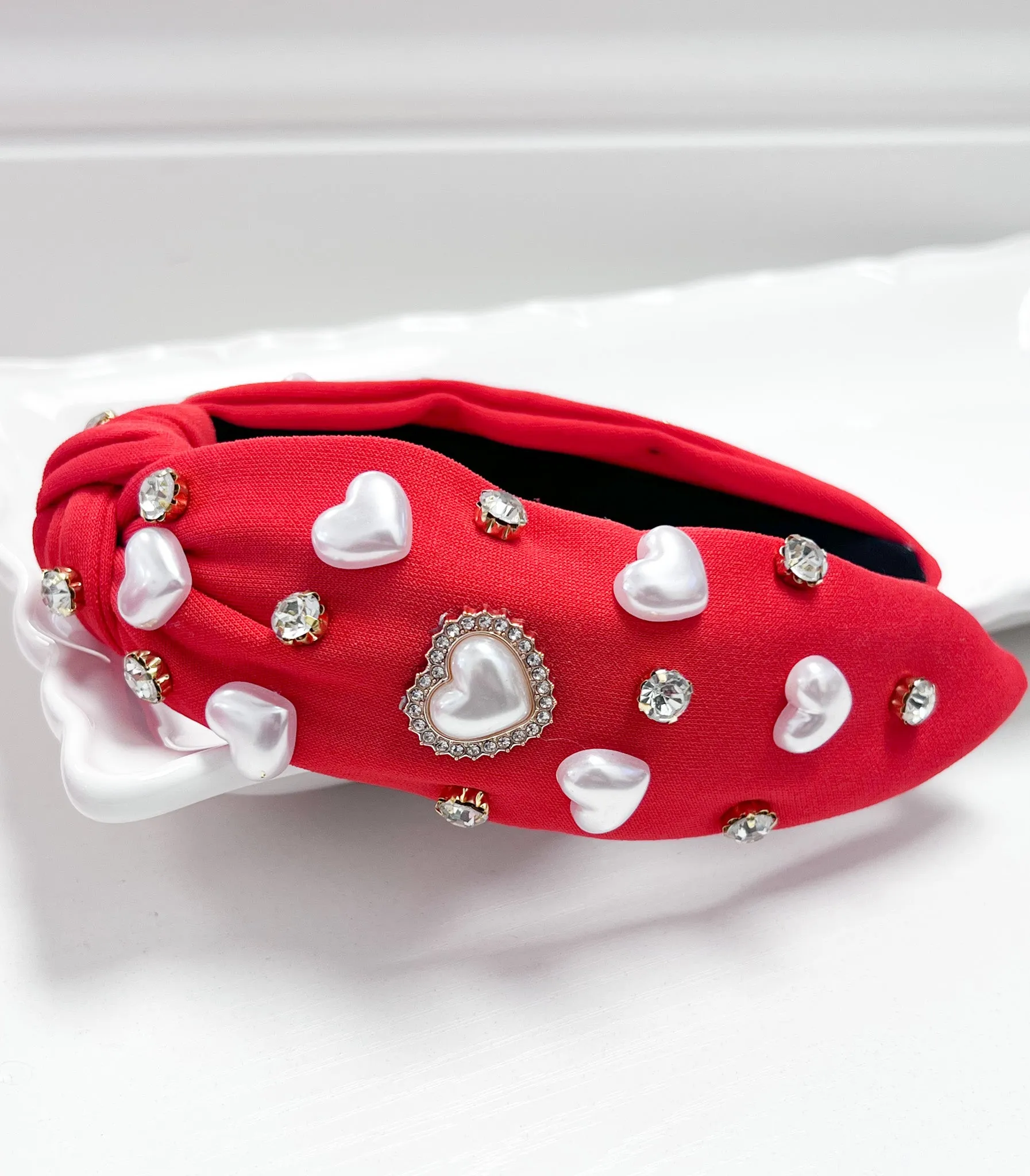 Pearl Heart Headband - Red