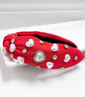 Pearl Heart Headband - Red