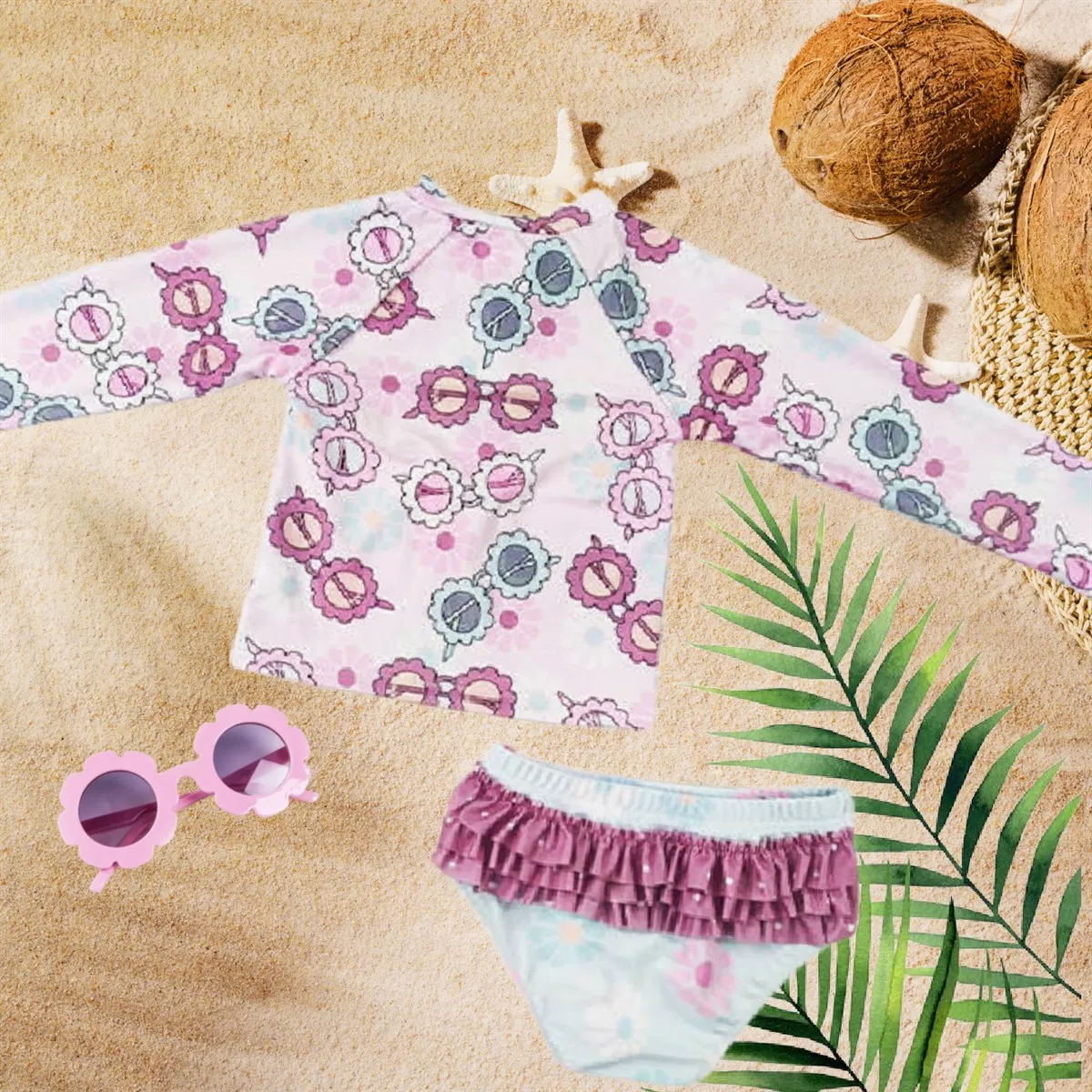 Pink & Blue Pastel Sunglasses - 2 Pc Ruffle Bum - Long Sleeve Swimsuit