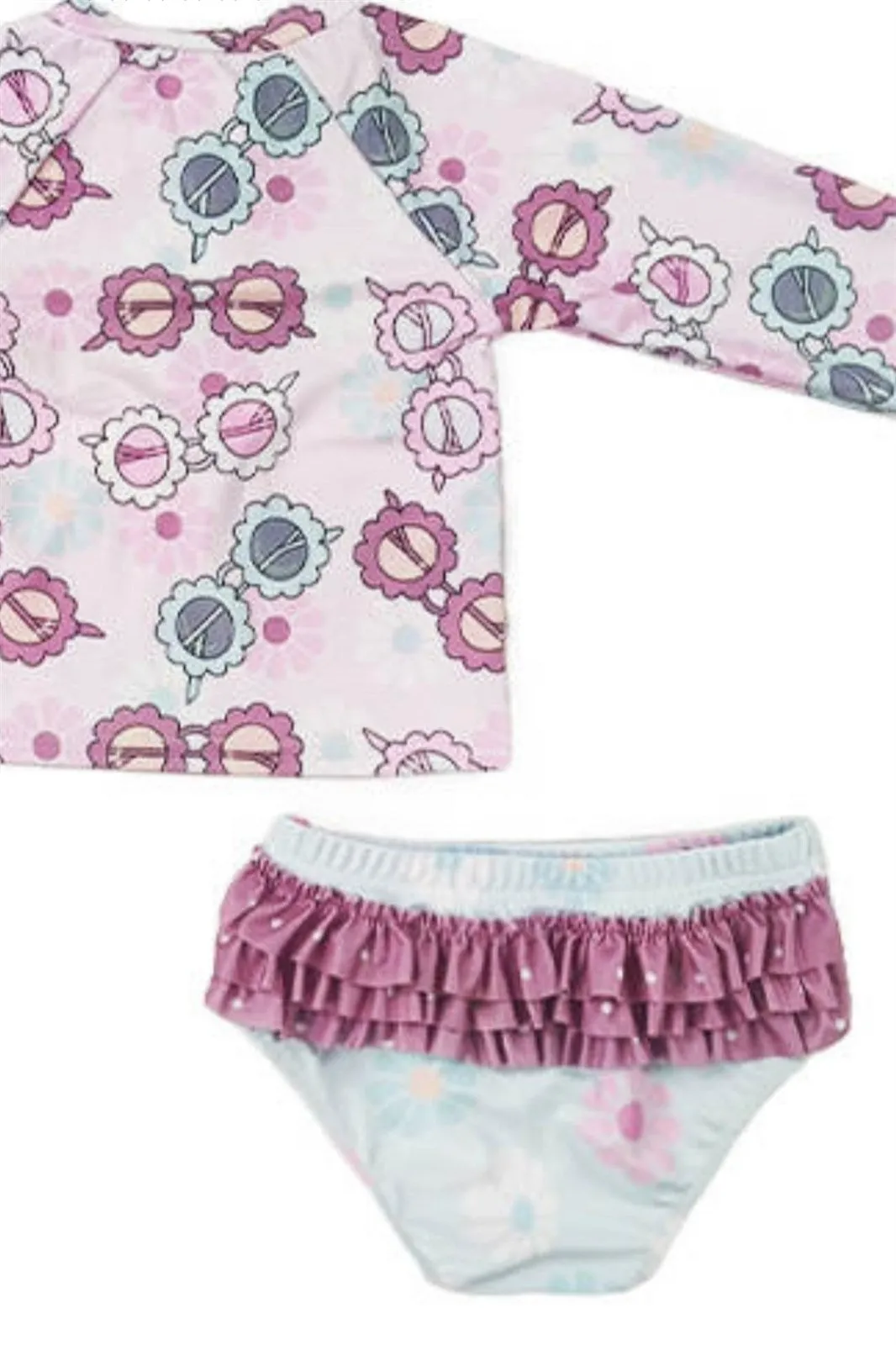 Pink & Blue Pastel Sunglasses - 2 Pc Ruffle Bum - Long Sleeve Swimsuit