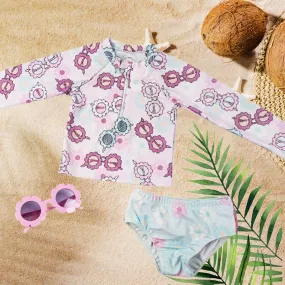 Pink & Blue Pastel Sunglasses - 2 Pc Ruffle Bum - Long Sleeve Swimsuit