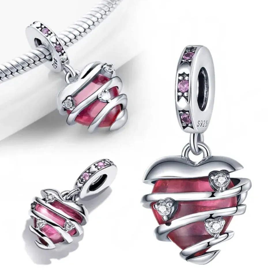 Pink Heart Dangle Charm - 925 Sterling Silver