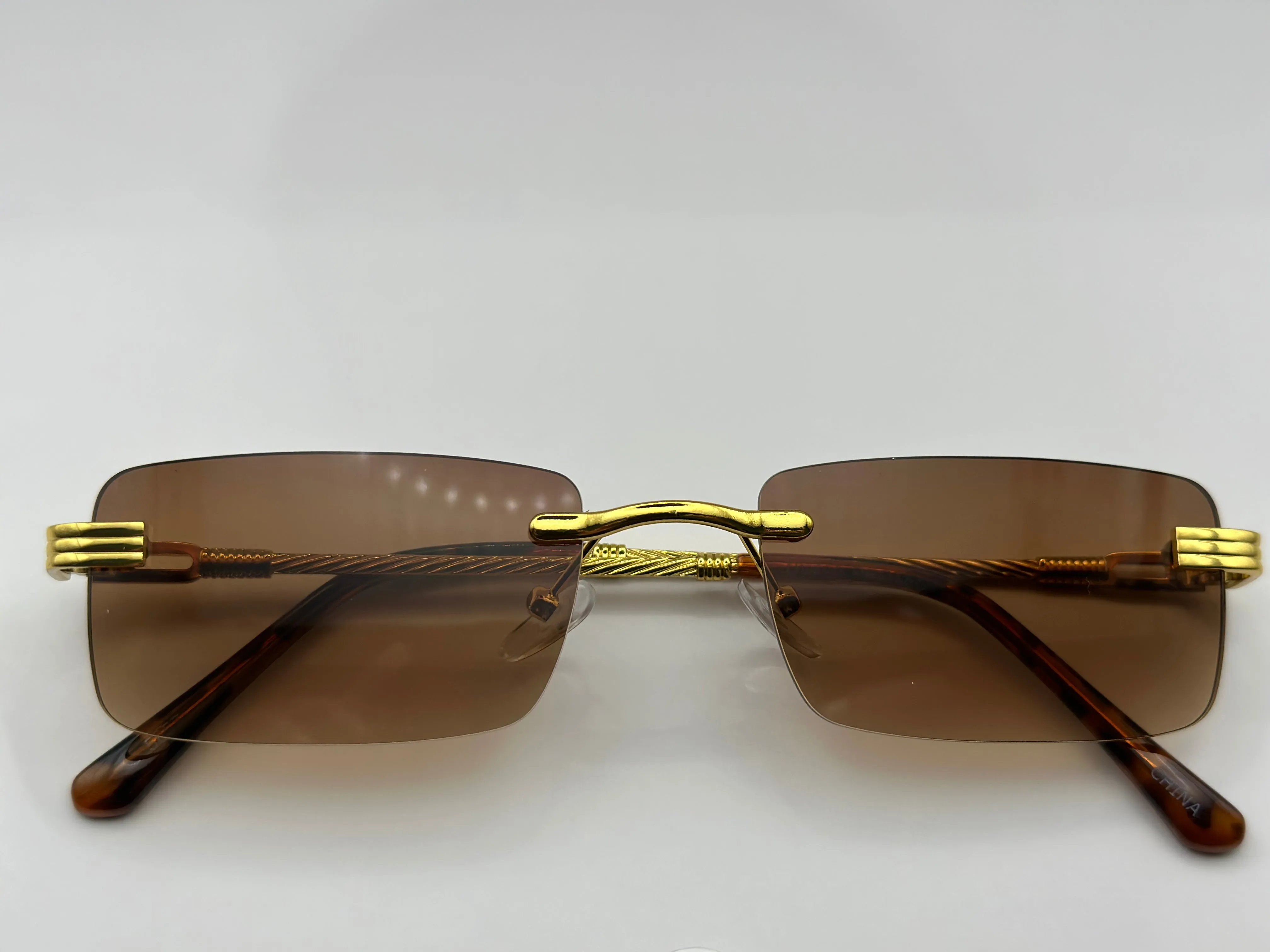 Rimless Gold Retro Brown Square sunglasses
