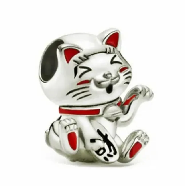 Silver Lucky Cat Charm - 925 Sterling Silver