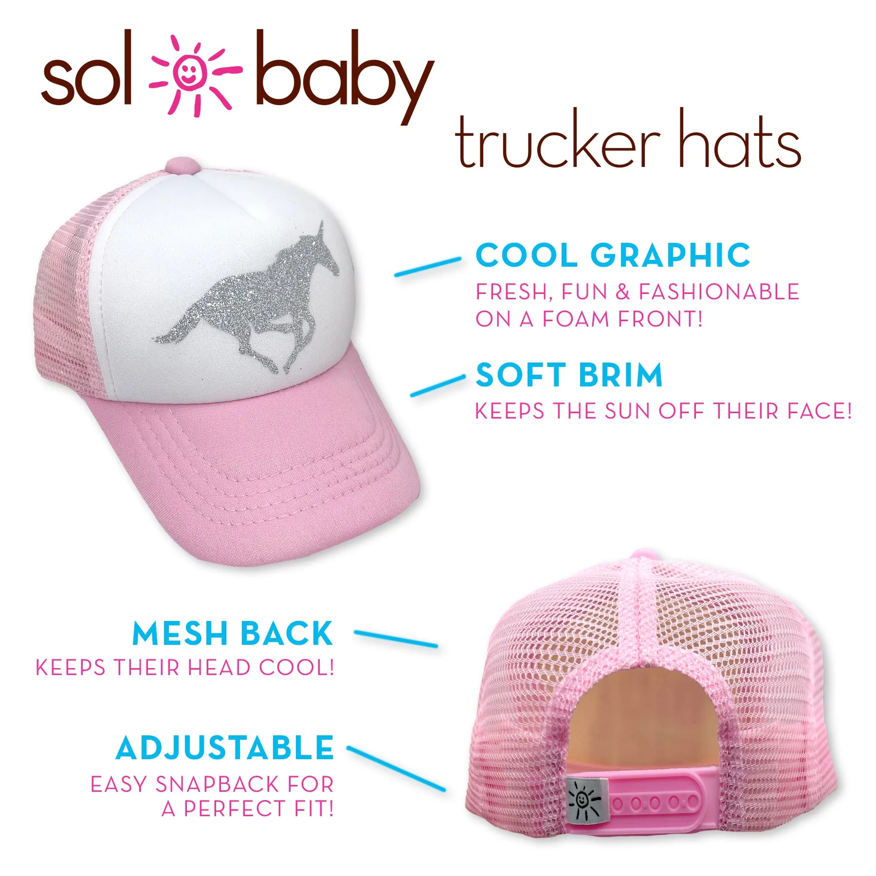 Sol Baby Silver Glitter Unicorn Pink Trucker Hat