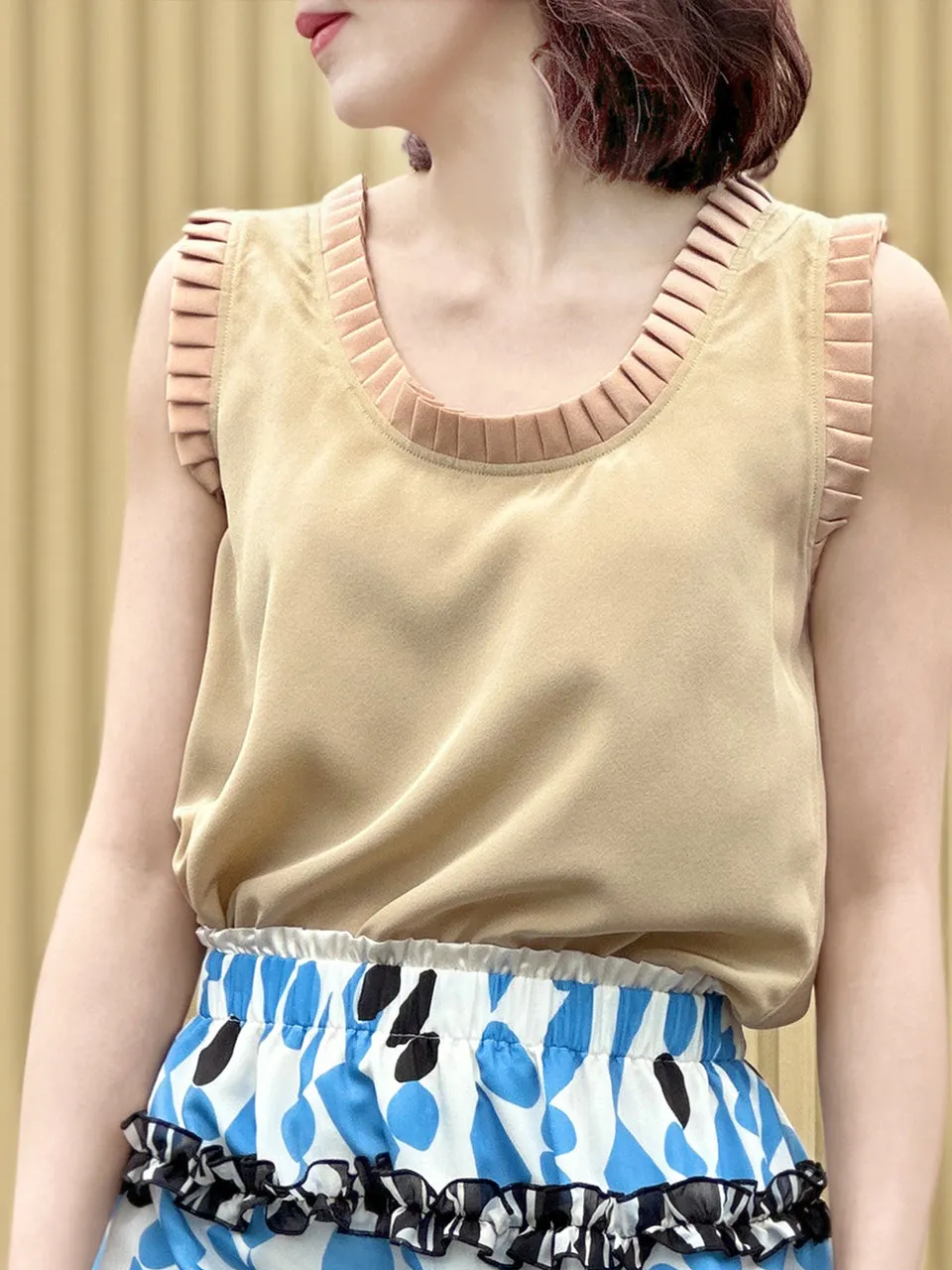 Tonal Beige Pleated Ruffle Detail Silky Tank Top