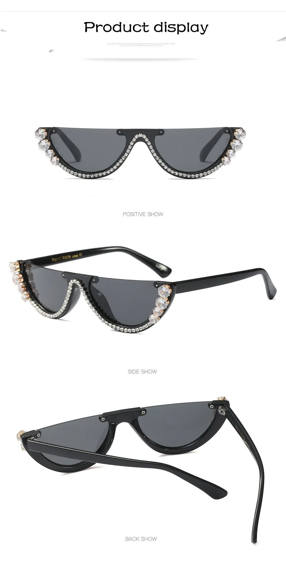 Trendy Half Frame Rimless Cat Eye Sunglasses Rhinestone Polarized Sunglasses For Women