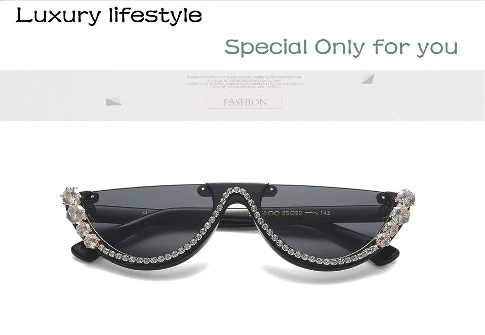 Trendy Half Frame Rimless Cat Eye Sunglasses Rhinestone Polarized Sunglasses For Women
