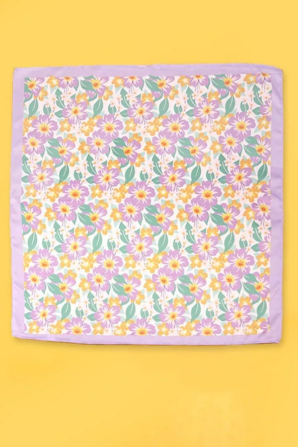 TROPICAL FLOWER PRINT SILKY FEEL BANDANA SCARF: Lavender