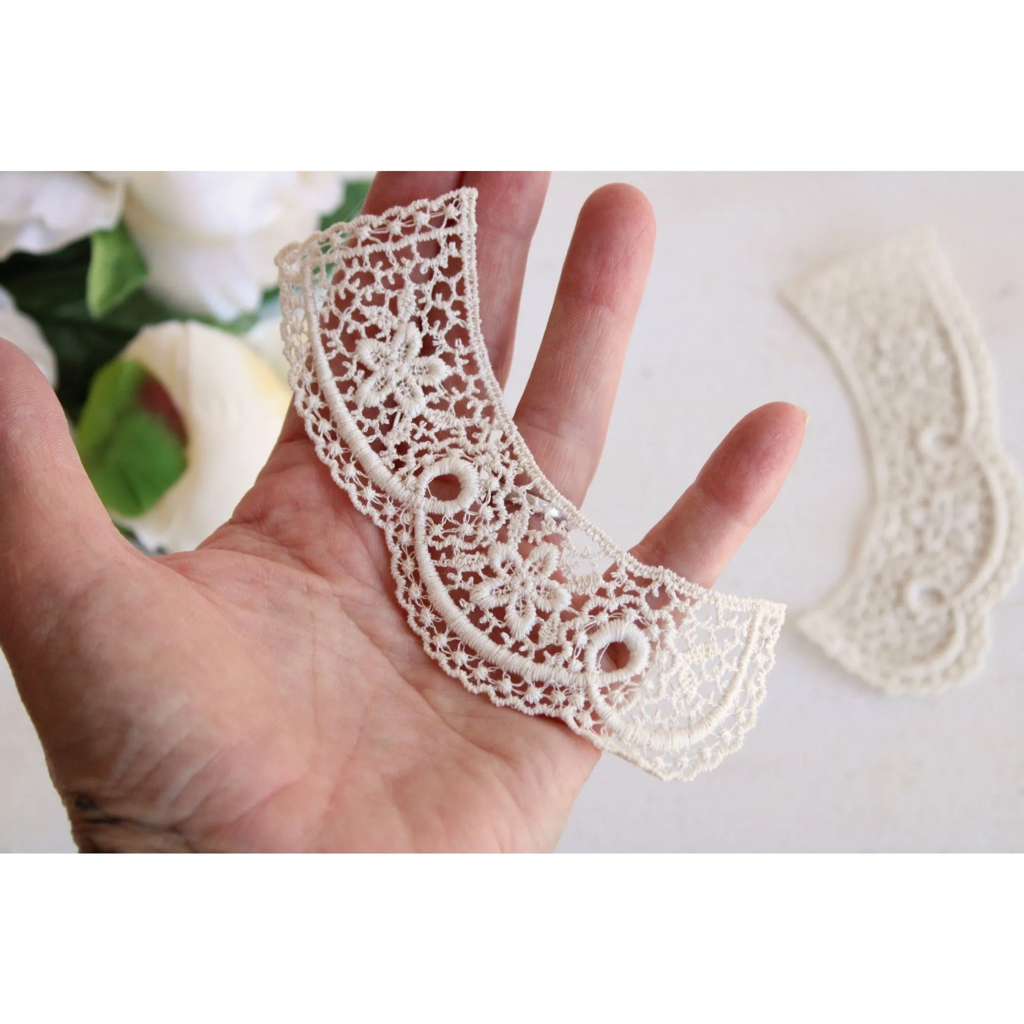 Vintage Ivory Crochet Appliques With Crocheted Flowers