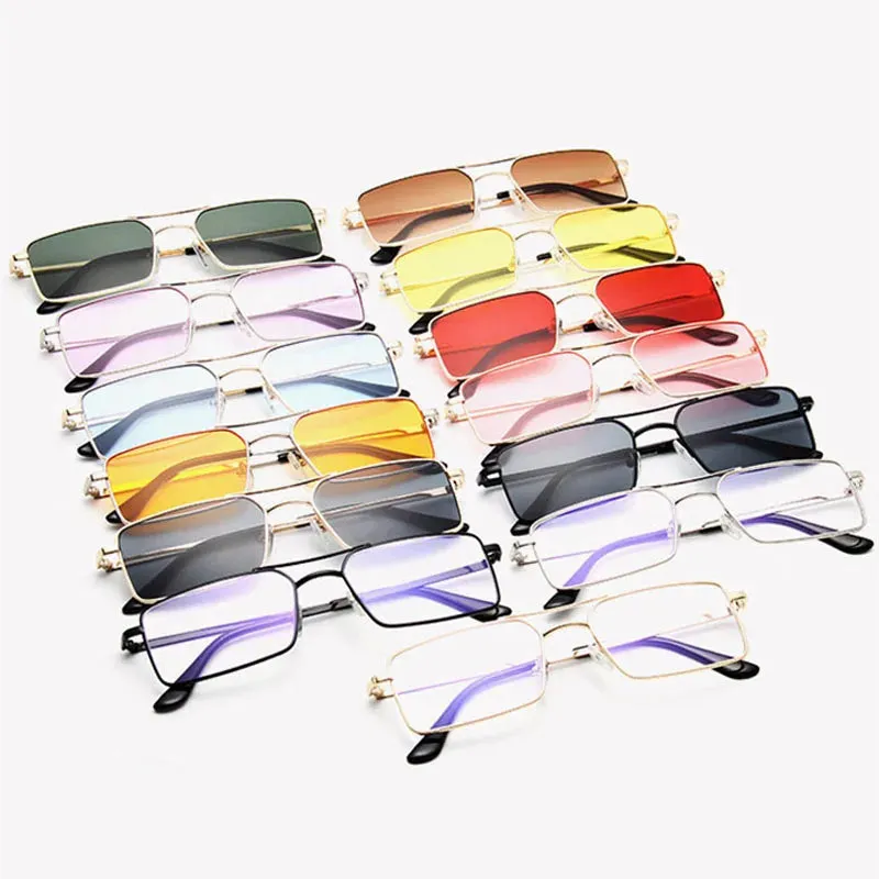 Vintage Rectangle style Double Bridges Women Sunglasses Metal Frame Ocean Clear Lens UV400