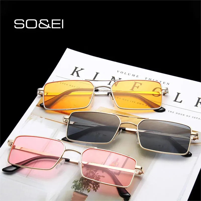 Vintage Rectangle style Double Bridges Women Sunglasses Metal Frame Ocean Clear Lens UV400