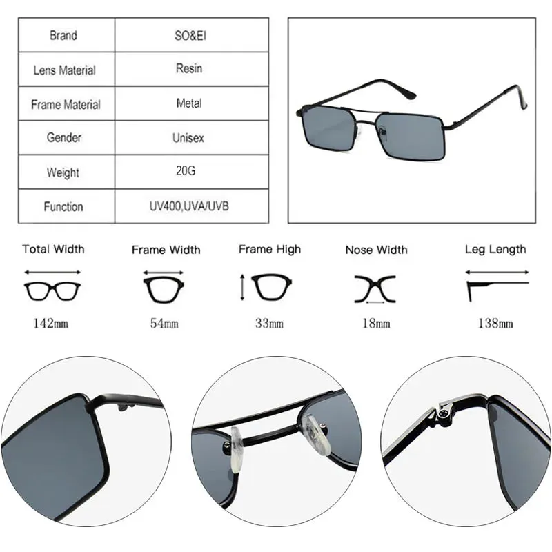 Vintage Rectangle style Double Bridges Women Sunglasses Metal Frame Ocean Clear Lens UV400