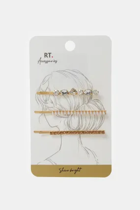 Women Gold Embellished Hair Clip Set (3 Piece)