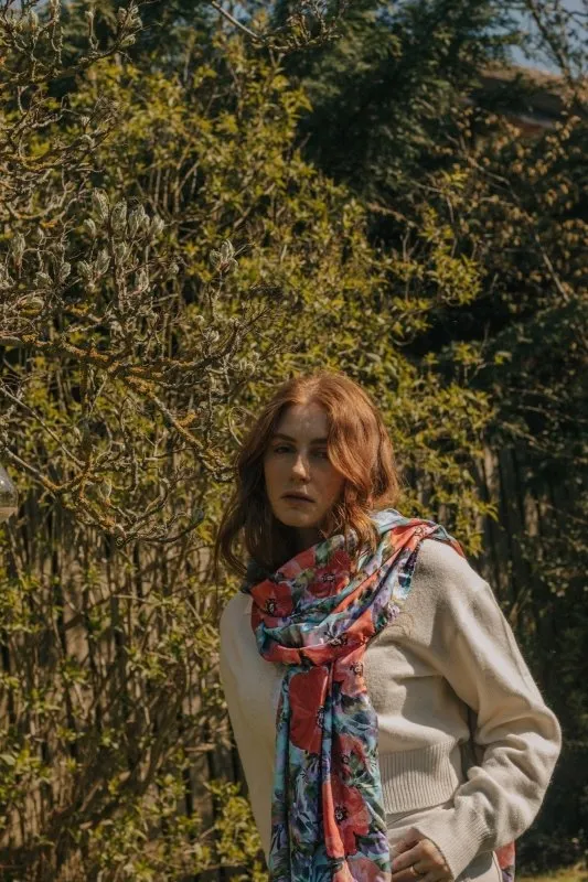 Xander Kostroma - All Over Hand Painted Poppy Floral Viscose Scarf for Women - 180 x 70cm - Limited Edition - Sustainable and Stylish Fashion - Perfect for Everyday Wear